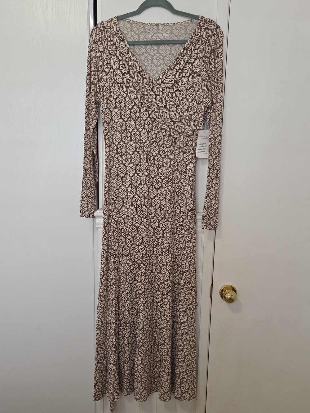 Soft Surroundings Brown and Cream Long-Sleeve Wrap Maxi Dress